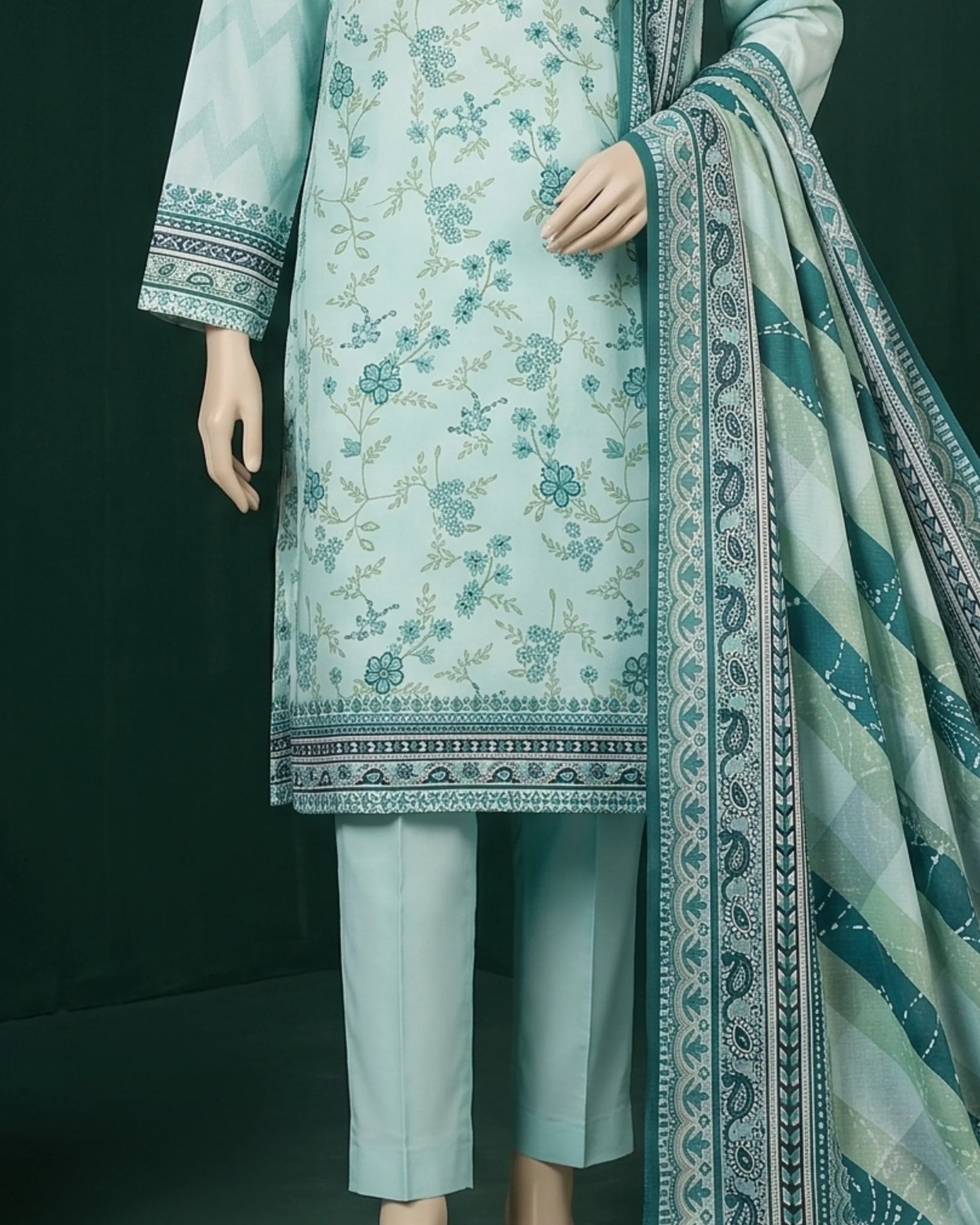 Unstitched 3-Piece Floral Printed Lawn Suit – Soft Aqua Blue & Emerald Green